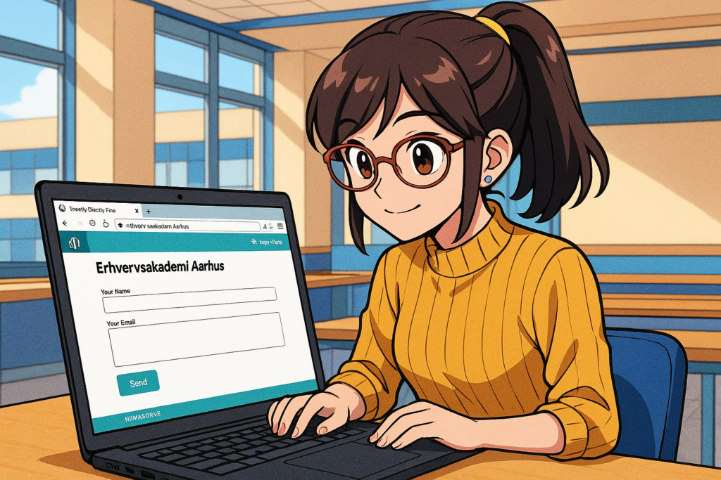 CoPilot: mangategning i klare farver, der viser en ung kvindelig designer, der sidder fysisk med en laptop på Erhvervsakademi Aarhus og sender en e-mail via en mailform på en WordPress-side med Twenty Twenty-Five‑tema og Ninja Forms.