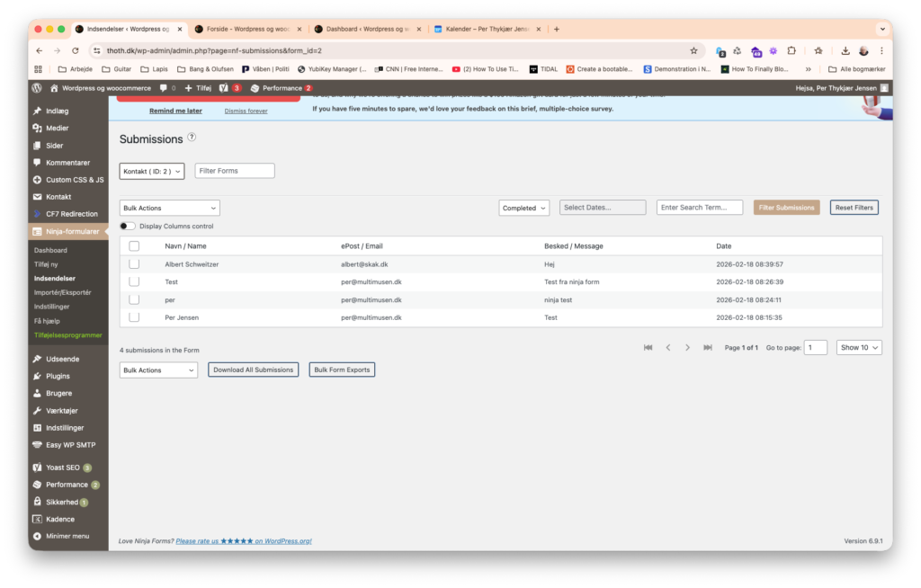 Ninja Forms - her er en oversigt med et par testmails fra en mailform.