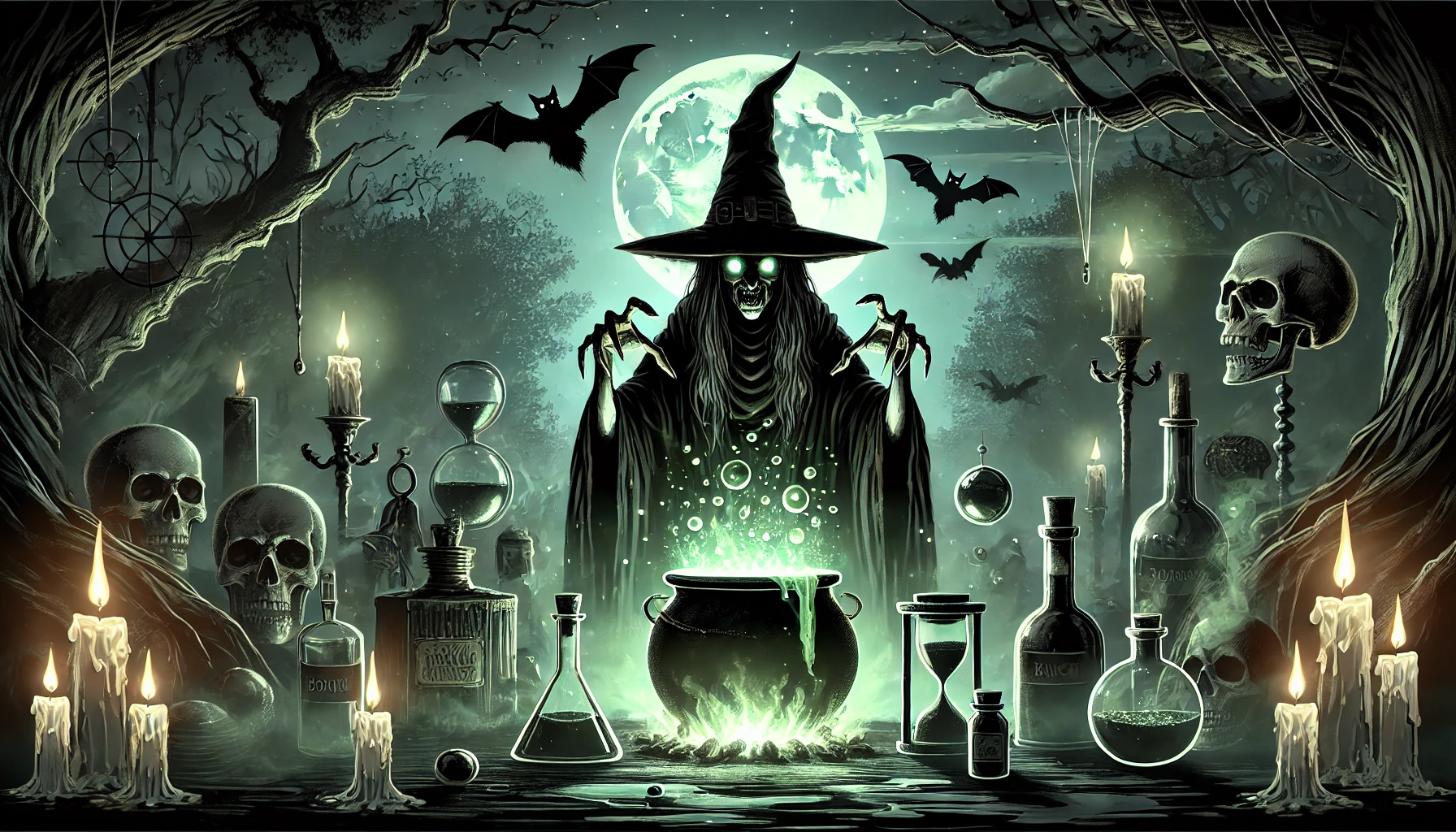 DALL·E 2024-06-29 22.00.13 - A scary witch performing alchemical rituals at night. She has a dark, sinister appearance with a long black cloak, pointed hat, and glowing eyes. The