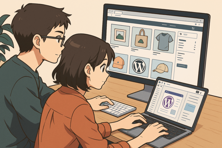 CoPilots visualisering af nogen multimediedesignere der integrerer Shopify med WordPress.