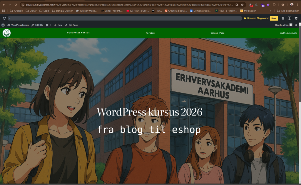 I dag arbejder vi med sitets struktur. Her er en forside. Vi afsætter særlige sider til forsiden og bloggen og designer andre statiske sider.