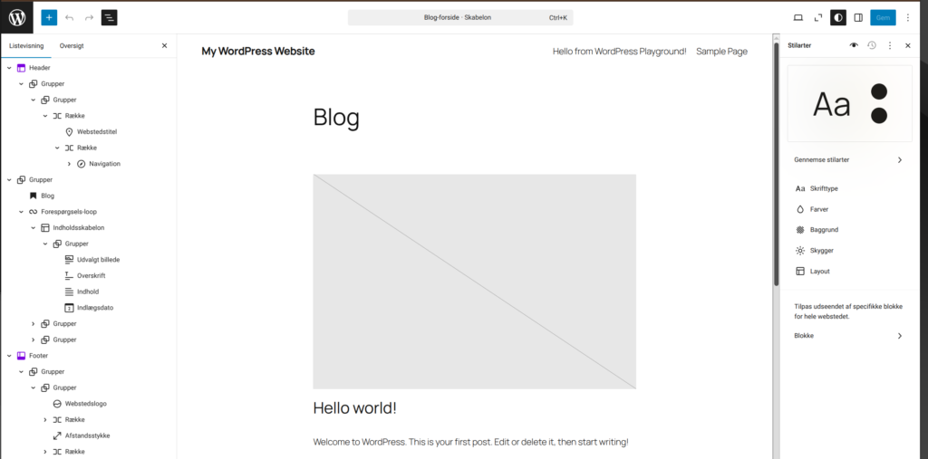 Skabelonen "Blog-forside" - læg mærke til Stilartpanelet til højre, hvor farver og fonte kan vælges - og skabelonens lag med de blokke som præsenterer indholdet på siden.