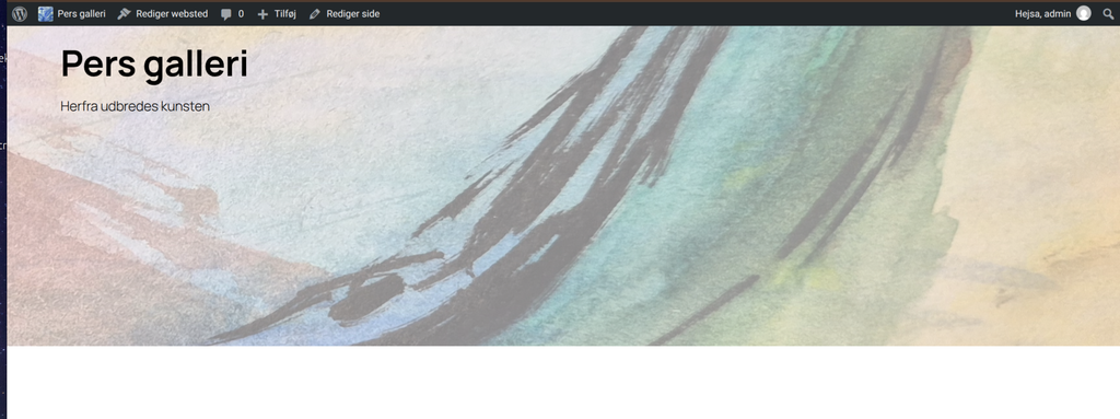 Websitets forside henter det udvalgte billede fra den side vi kaldte forside. Blokkene "Websted titel" og undertitel er praktiske, fordi du kan sætte dem ind hvorsomhelst.